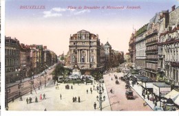Bruxelles-Brussel-+/-1920--Place De Brouckère Et Monument Anspach-Colorisée-Autobus -bus "Central Car" - Transport Urbain En Surface