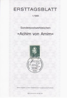 Germany Deutschland 1981-01 Achim Von Arnim, German Poet, Writer, First Day Sheet, Canceled In Berlin - 1981-1990