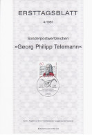 Germany Deutschland 19814- ETB Georg Philipp Telemann, Composer Komponist Music Music, First Day Sheet, Bonn - 1981-1990