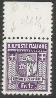 EMISSIONI LOCALI AUTONOME CAMPIONE 1944 STEMMA DEL COMUNE ARMS ARMOIRIES DENT. PERF. 11 1/4 F 1 1F MNH FIRMATO SIGNED - Emissions Locales/autonomes