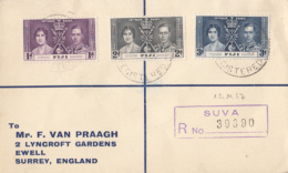KING GEORGE VI AND QUEEN ELISABETH CORONATION, STAMPS ON REGISTERED COVER, 1937, FIJI - Fiji (...-1970)