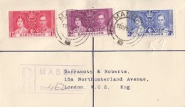 KING GEORGE VI AND QUEEN ELISABETH CORONATION, STAMPS ON REGISTERED COVER, 1937, BASUTOLAND - 1933-1964 Colonia Británica