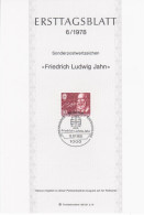Germany Deutschland 1978-06 Friedrich Ludwig Jahn, German Gymnastics Educator, First Day Sheet, Canceled In Berlin - 1974-1980