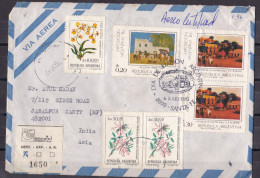 ARGENTINA, 1985, Registered Airmail Cover From Argentina To  India, Flora Stamps, Philatelic Exhibition 1st Day Cancelle - Posta Aerea
