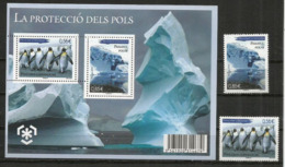 ANDORRA. Protection Des Glaciers Et Zones Polaires.  Un Bloc-feuillet + Les Timbre Neufs ** - Préservation Des Régions Polaires & Glaciers