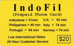 United States, $20, IndoFil Prepaid Phone Card, 2 Scans. - [3] Tarjetas Magnéticas