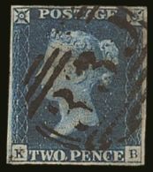 1840 2d Deep Blue 'KB' Plate 1 (shows Listed Wear Around "O" Of "TWO") With Near- Complete "339" 1844 Type... - Otros & Sin Clasificación