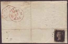 1840 1d Intense Black 'SK' Plate 8, SG 2, Fine Used With 4 Small / Good Neat Margins Tied To Large Piece By Light... - Sin Clasificación