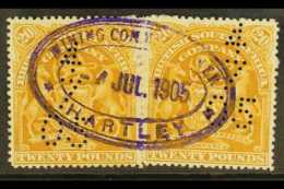 1898-01 £20 Yellow- Bistre, SG 93a,  Revenue Used Horizontal Separated Pair With Violet Oval "Mining... - Sonstige & Ohne Zuordnung