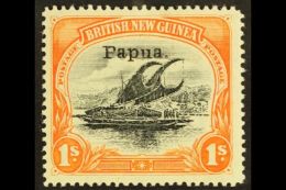 1907 1s Black & Orange Lakatoi Small "Papua" Overprint Watermark Vertical Line Perf, SG 44, Fine Mint, Very... - Papoea-Nieuw-Guinea