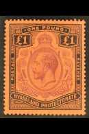 1913 £1 Purple And Black On Red, Geo V, SG 98, Very Fine Mint. For More Images, Please Visit... - Nyassaland (1907-1953)