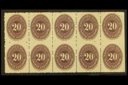 1890-95 20c Dark Violet Numeral Watermarked Wove Paper Perf 12, Scott 220A, Never Hinged Mint Marginal BLOCK Of 10... - Mexiko