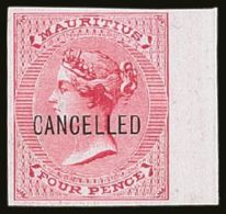 1863 4d Rose De La Rue (SG 62) IMPERFORATE PROOF OPT'D "CANCELLED" On White Card With 4 Good Margins (selvage At... - Mauritius (...-1967)