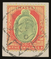 1911 5s Green And Red On Yellow, SG 63, Very Fine Used, Tied To Small Piece With Maltese Cross Cancel.  For More... - Malta (...-1964)