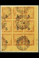 INDOCHINA POSTAGE DUES - 1904 "5" On 60 Brown, Yv 1, Superb Used Corner Block Of 9 With Saigon Central Cds... - Otros & Sin Clasificación