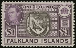 1938-50 £1 Black And Violet Arms, SG 163, Never Hinged Mint. For More Images, Please Visit... - Falkland Islands