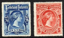 1898 2s 6d Deep Blue And 5s Red Queen Victoria, SG 41/2, Fine Mint With Some Gum Disturbance. (2 Stamps) For More... - Falkland Islands