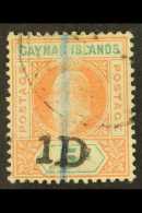 1907 1d On 5s Salmon And Green, SG 19, Cds Used, Blue Vertical Crayon Mark. For More Images, Please Visit... - Cayman Islands