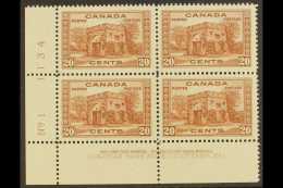 1937-8 20c Red-brown, Fort Garry Gate, Lower Left Plate Block Of Four, SG 365, Hinged On Lower Pair, Top Pair NHM.... - Otros & Sin Clasificación