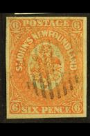 1860 6d Orange-vermilion, Imperf, On Medium Hand Made Paper, SG 14, Fine Used, A Lovely Stamp With Four Large Neat... - Sonstige & Ohne Zuordnung