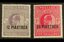 1902 - 05 12pi On 2s6d Lilac And 24pi On 5s Bright Carmine, SG 11/12, Very Fine And Fresh Mint. (2 Stamps) For... - British Levant