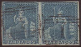 1852-55 1d Blue Britannia SG 3, A Horizontal Pair With Four Margins, Neat "1" Cancels.  For More Images, Please... - Barbados (...-1966)
