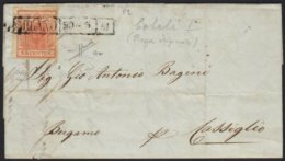 LOMBARDY-VENETIA 1851 Cover To Bergamo Franked 15c Type 1 On Ribbed Paper, Sass 14a, (Mi 3XR), Tied By Boxed Milan... - Sonstige & Ohne Zuordnung