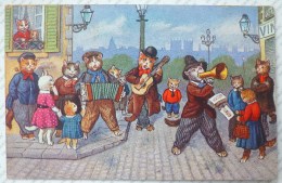 CPA Litho Illustrateur SSS Allemagne Chat Chats Humanisé Musicien Dans Rue Et Haut Parleur - Animales Vestidos