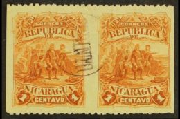 1892 1c Columbus (Sc 40) Horiz Pair, Imperf Vertically, VFU. For More Images, Please Visit... - Nicaragua