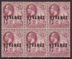 REVENUES 1916 1d Violet Opt, Ba 16, Vfm (four NHM) BLOCK Of 6 For More Images, Please Visit... - Barbados (...-1966)