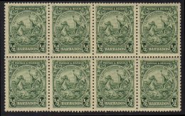 1925-35 ½d Green, Perf 13½x12½, SG 230a, NHM Block Of 8 For More Images, Please Visit... - Barbados (...-1966)