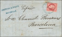 Cachet Bleu ADMON. DE CAMBIO / 3 CT / BARCELONA / N° 32 Sur Lettre 2 Ports De Marseille Pour Barcelone. 1872. -... - Correo Marítimo