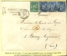 Càd LYON / LES TERREAUX / N° 75 + 79 Bande De 3 Sur Lettre Recommandée Au 2ème... - 1876-1878 Sage (Type I)