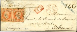 PC 2642 / N° 16 Paire Càd T 15 REIMS (49) Sur Lettre (voie Anglaise) Pour Lisbonne. Taxe Tampon 140... - 1853-1860 Napoléon III