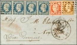 Roulette De Gros Points / N° 5 + 9 (def) + 10 Bande De 4 Càd PARIS (60) Sur Lettre Pour New-York. Au... - 1852 Louis-Napoleon