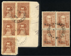 Lot Of 1 Block Of 4 + 1 Fragment, With Cancels Of LOS SAUCES (Córdoba), One With Minor Defects - Collections, Lots & Séries