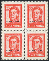 GJ.755a, $20 San Martín, Round Sun Wmk, Block Of 4 With DOUBLE IMPRESSION, Showing Some Stain Spots, Good... - Frankeervignetten (Frama)