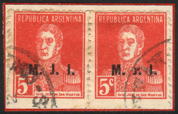GJ.412i, 5c San Martín W/o Period, Perf 13¼ X 12½, Pair, One With "broken J" Variety - Vignettes D'affranchissement (Frama)