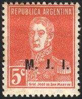 GJ.412c, 5c San Martín W/o Period, Perf 13¼ X 12½, "fallen M" Variety, Stain Spots. - Vignettes D'affranchissement (Frama)