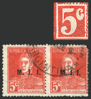 GJ.412, 5c San Martín W/o Period, Perf 13¼ X 12½, One With UNLISTED Variety: C Of Cents Fat,... - Vignettes D'affranchissement (Frama)