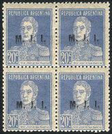 GJ.408, 20c San Martín With Period, Perf 13¼, Block Of 4, 2 Lightly Hinged And 2 MNH, VF Quality! - Franking Labels