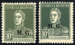 GJ.194 + 194A, 10c San Martín, In OLIVE Color, Along A Regular Example, Overprint In Serif Font, VF! - Franking Labels