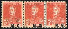 GJ.185, 5c San Martín W/o Period, Perf 13¼ X 12½, Strip Of 3 With "fallen Overprint" Variety,... - Franking Labels