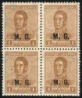GJ.170, 1c San Martín, Round Sun Wmk, Perf 13¼, Block Of 4, 2 Stamps MNH And 2 Lightly Hinged, VF! - Franking Labels