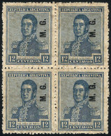 GJ.167, 12c San Martín, Fiscal Sun Wmk, Block Of 4, 2 Stamps MNH And 2 Lightly Hinged, VF! - Franking Labels