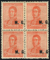 GJ.152, 5c San Martín, Unwatermarked, Perf 13¼ X 12½, Block Of 4 With Shifted Overprint... - Franking Labels