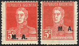 GJ.90, 5c. San Martín W/o Period, Perf 13¼ X 12½, 2 Examples Printed On DIFFERENT Papers, One... - Vignettes D'affranchissement (Frama)