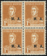 GJ.88b, 1c. San Martín W/o Period, Perf 13¼ X 12½, In Block Of 4, 1 Stamp With "M Without... - Vignettes D'affranchissement (Frama)