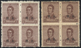 GJ.66, 2c. San Martín, Unwatermarked, Perf 13¼, 2 Blocks Of 4 With Different GUMS, One Affected The... - Frankeervignetten (Frama)