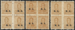 GJ.65, 1c. San Martín, Unwatermarked, Perf 13¼, 3 Blocks Of 4 From Different Printings, 2 Stamps... - Frankeervignetten (Frama)